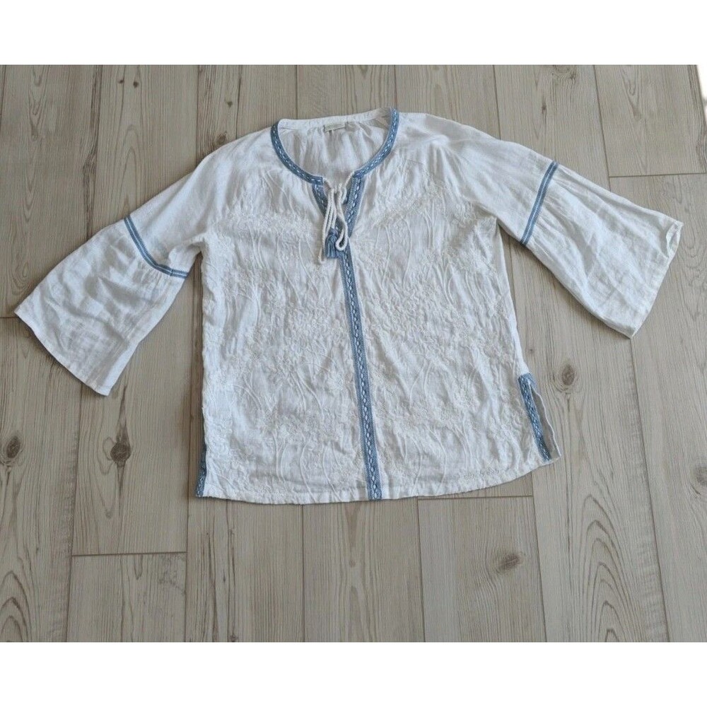 Spartina 449 Linen Tunic Top Womens Size Medium Embroidered Tassel Beachy Boho - Picture 2 of 12